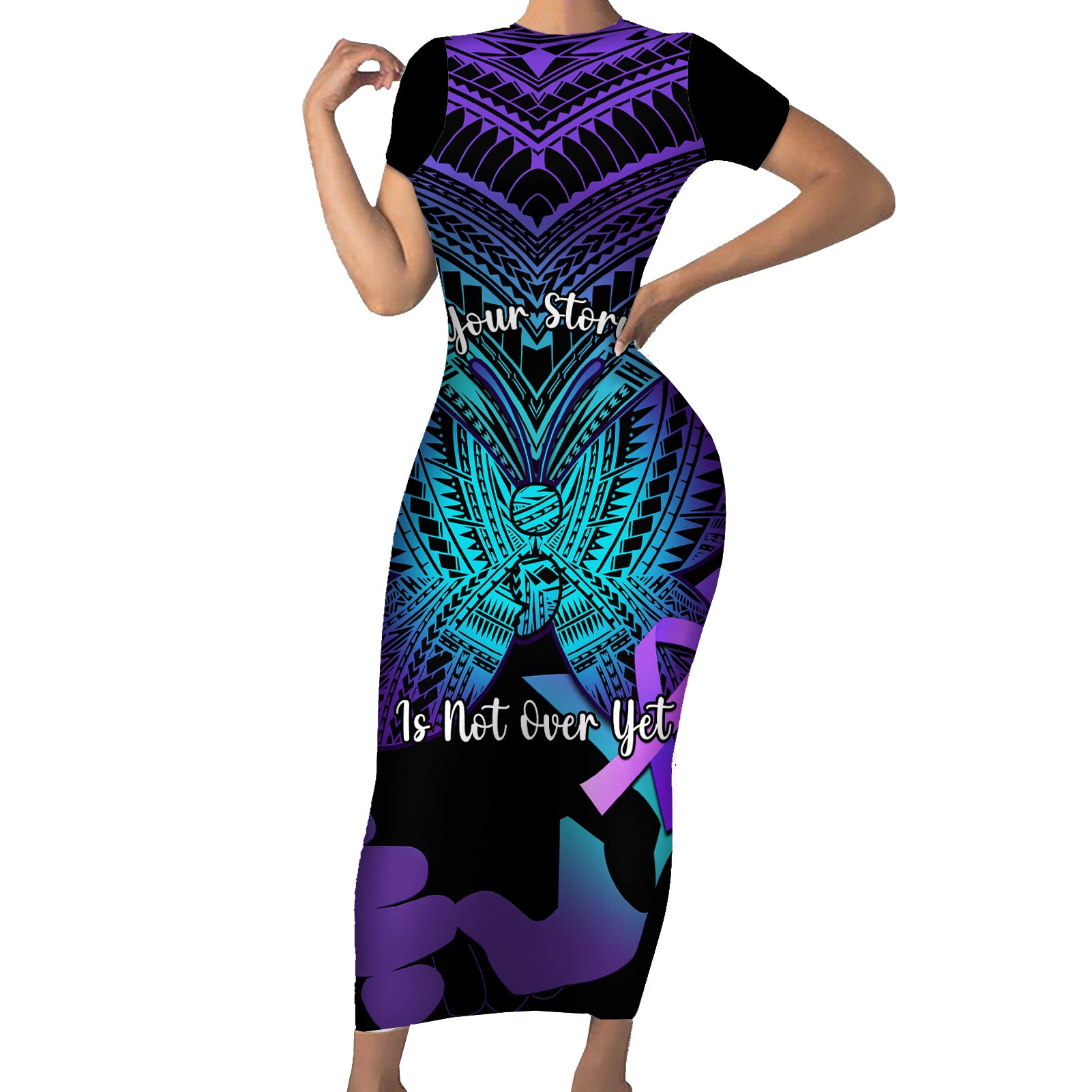 Suicide Awareness Your Story Is Not Over Yet Short Sleeve Bodycon Dress Polynesian Butterfly Tattoo LT14 Long Dress Purple - Polynesian Pride