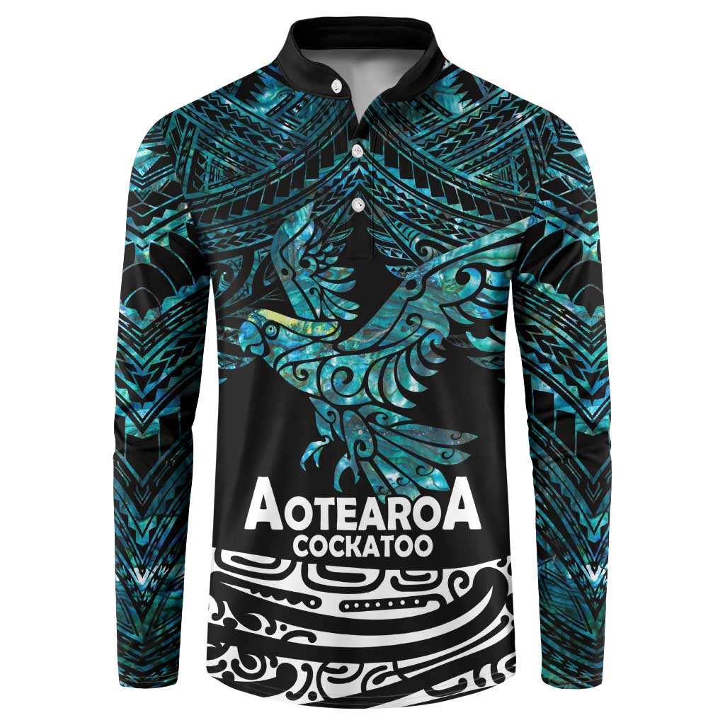 New Zealand Sulphur-crested Cockatoo Button Sweatshirt Aotearoa Maori Mix Paua Shell