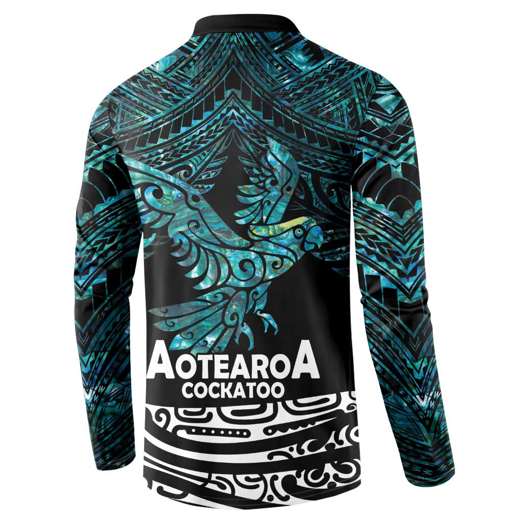 New Zealand Sulphur-crested Cockatoo Button Sweatshirt Aotearoa Maori Mix Paua Shell