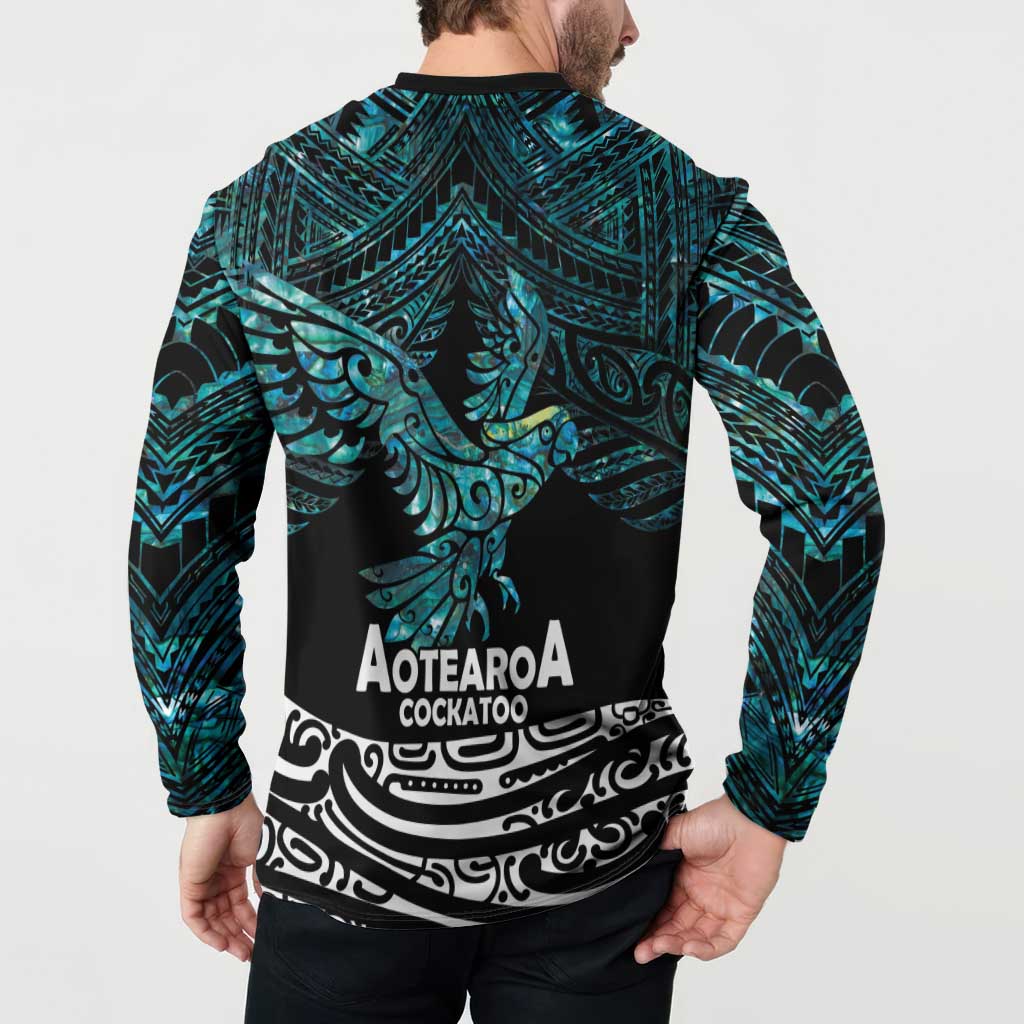New Zealand Sulphur-crested Cockatoo Button Sweatshirt Aotearoa Maori Mix Paua Shell