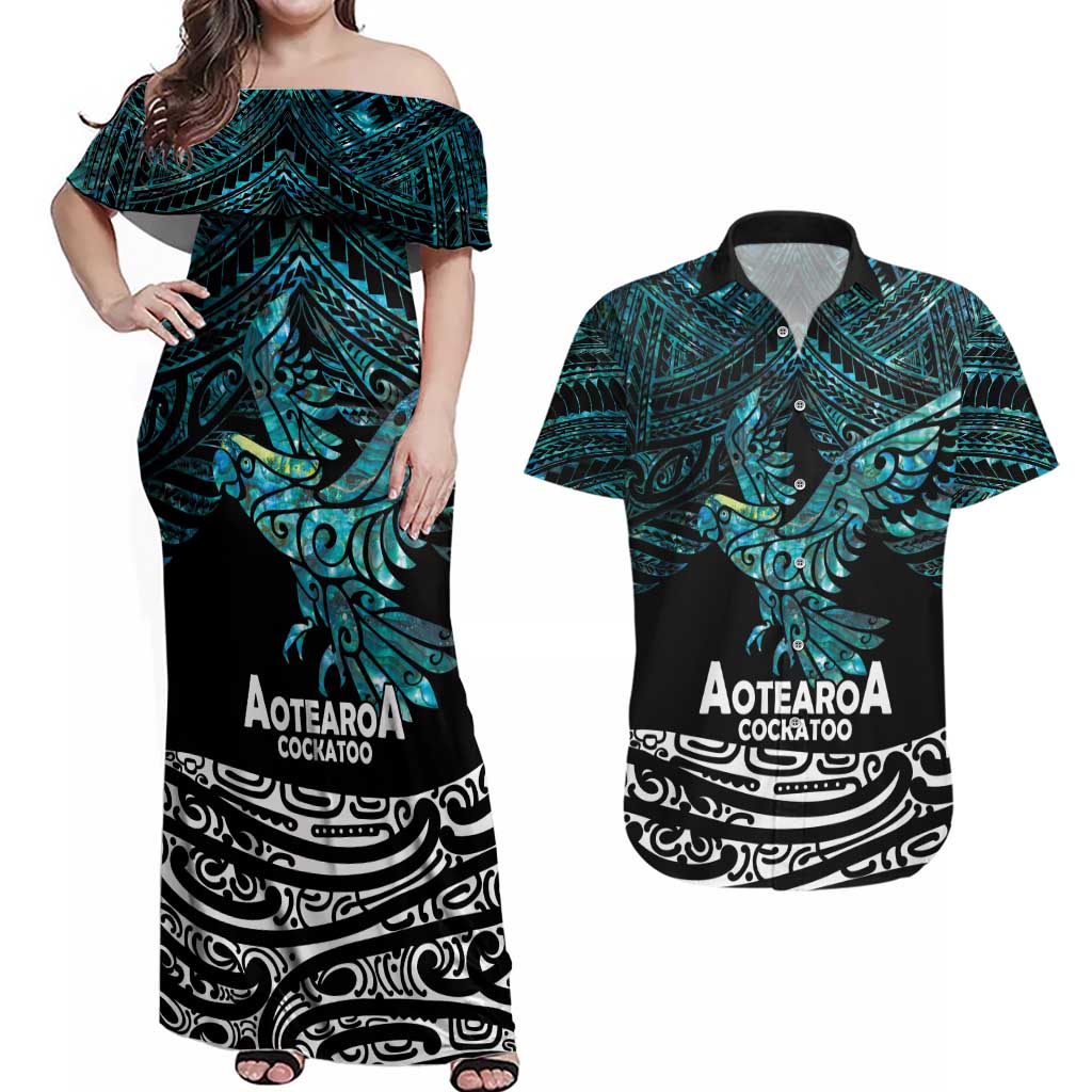 New Zealand Sulphur-crested Cockatoo Couples Matching Off Shoulder Maxi Dress and Hawaiian Shirt Aotearoa Maori Mix Paua Shell LT14 Turquoise - Polynesian Pride
