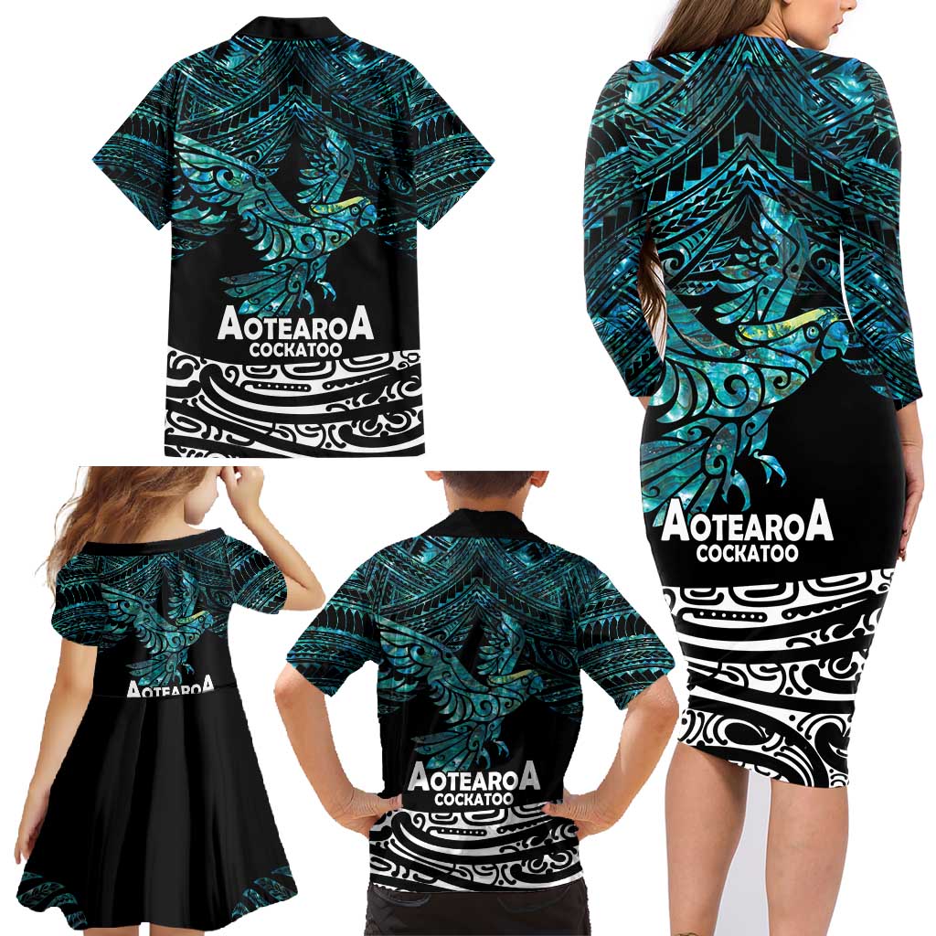 New Zealand Sulphur-crested Cockatoo Family Matching Long Sleeve Bodycon Dress and Hawaiian Shirt Aotearoa Maori Mix Paua Shell LT14 - Polynesian Pride