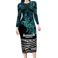 New Zealand Sulphur-crested Cockatoo Family Matching Long Sleeve Bodycon Dress and Hawaiian Shirt Aotearoa Maori Mix Paua Shell LT14 Mom's Dress Turquoise - Polynesian Pride