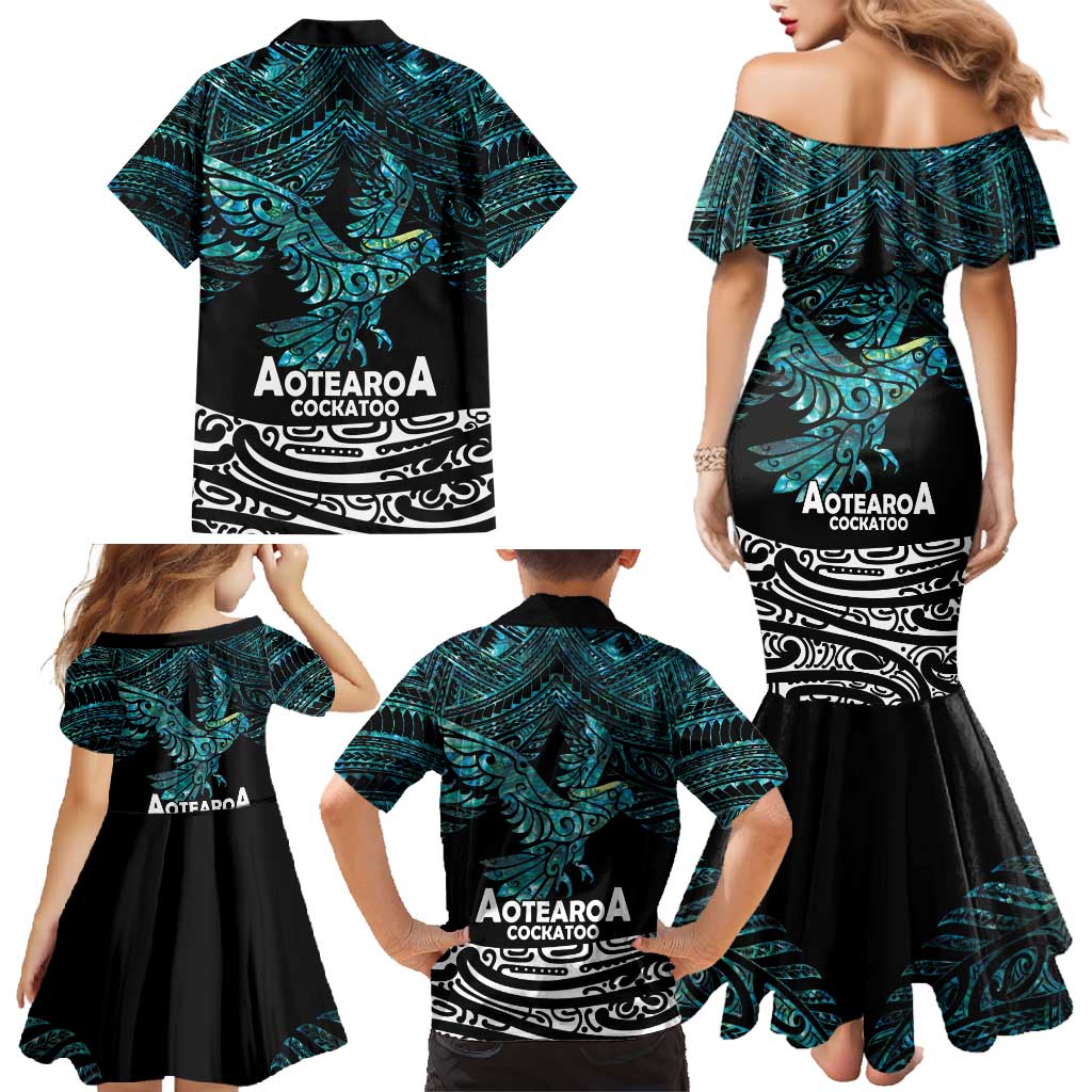 New Zealand Sulphur-crested Cockatoo Family Matching Mermaid Dress and Hawaiian Shirt Aotearoa Maori Mix Paua Shell LT14 - Polynesian Pride