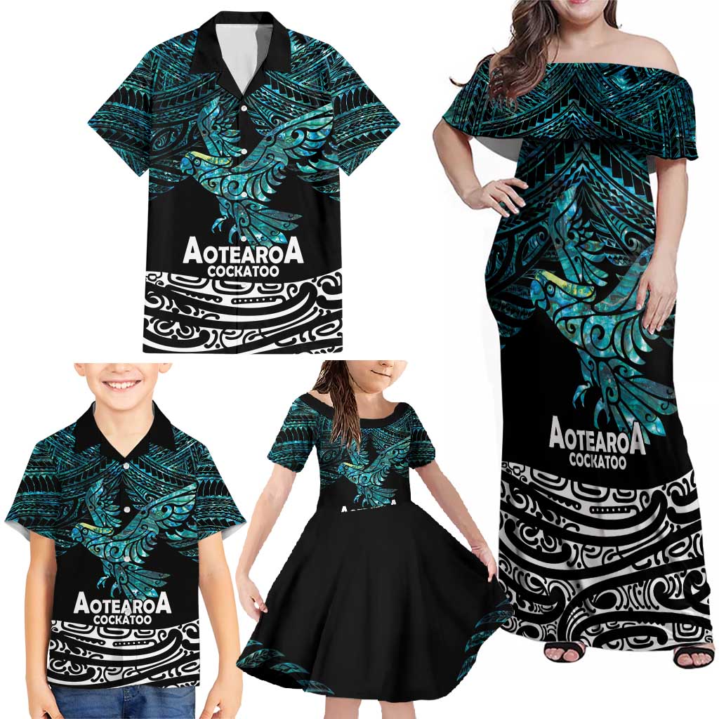 New Zealand Sulphur-crested Cockatoo Family Matching Off Shoulder Maxi Dress and Hawaiian Shirt Aotearoa Maori Mix Paua Shell LT14 - Polynesian Pride