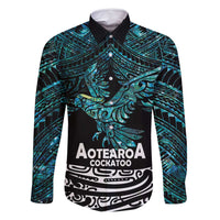 New Zealand Sulphur-crested Cockatoo Family Matching Off Shoulder Maxi Dress and Hawaiian Shirt Aotearoa Maori Mix Paua Shell LT14 Dad's Shirt - Long Sleeve Turquoise - Polynesian Pride
