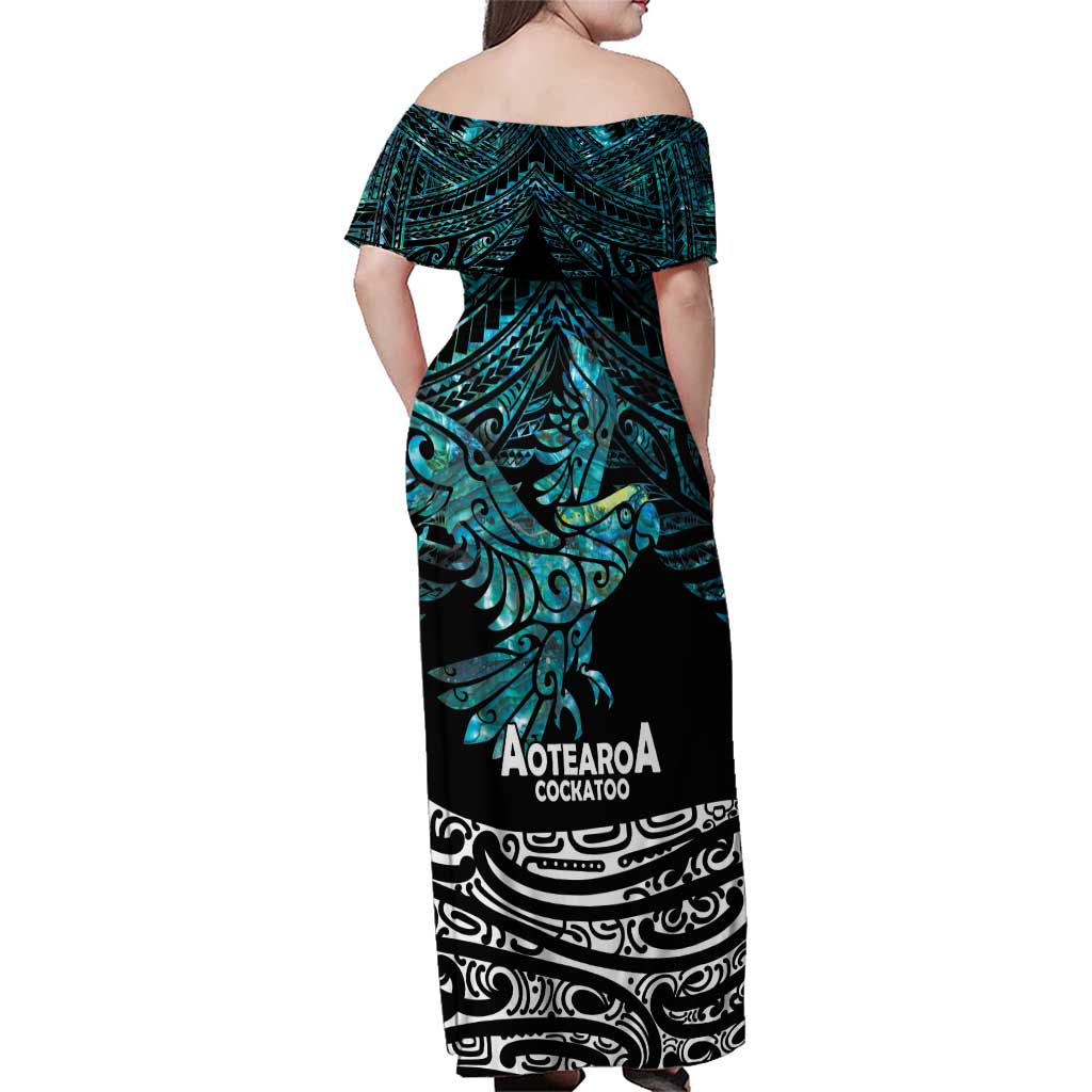 New Zealand Sulphur-crested Cockatoo Family Matching Off Shoulder Maxi Dress and Hawaiian Shirt Aotearoa Maori Mix Paua Shell LT14 - Polynesian Pride