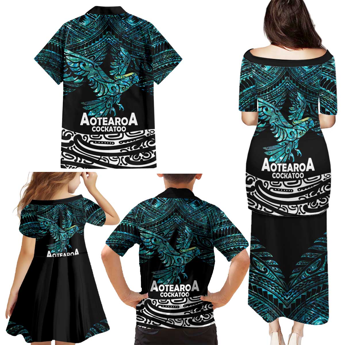 New Zealand Sulphur-crested Cockatoo Family Matching Puletasi and Hawaiian Shirt Aotearoa Maori Mix Paua Shell LT14 - Polynesian Pride