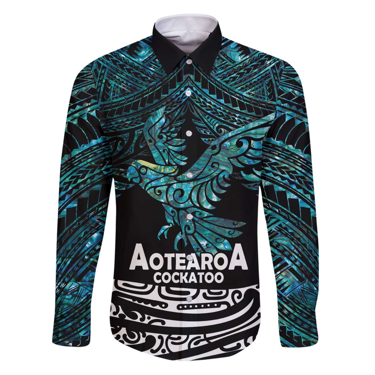 New Zealand Sulphur-crested Cockatoo Family Matching Puletasi and Hawaiian Shirt Aotearoa Maori Mix Paua Shell LT14 Dad's Shirt - Long Sleeve Turquoise - Polynesian Pride