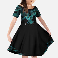 New Zealand Sulphur-crested Cockatoo Family Matching Summer Maxi Dress and Hawaiian Shirt Aotearoa Maori Mix Paua Shell LT14 Daughter's Dress Turquoise - Polynesian Pride