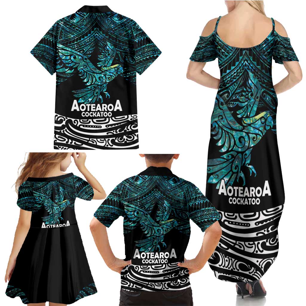 New Zealand Sulphur-crested Cockatoo Family Matching Summer Maxi Dress and Hawaiian Shirt Aotearoa Maori Mix Paua Shell LT14 - Polynesian Pride