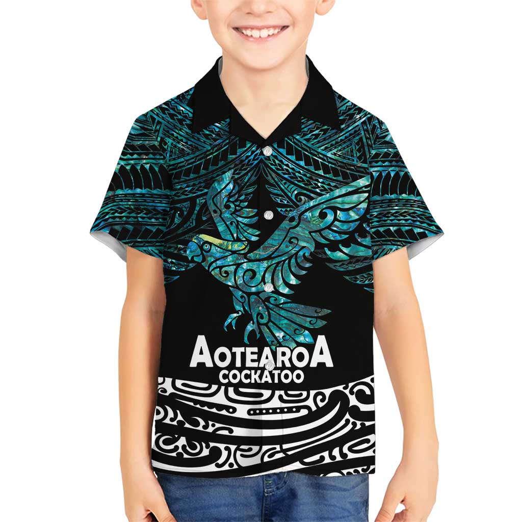 New Zealand Sulphur-crested Cockatoo Family Matching Summer Maxi Dress and Hawaiian Shirt Aotearoa Maori Mix Paua Shell LT14 Son's Shirt Turquoise - Polynesian Pride