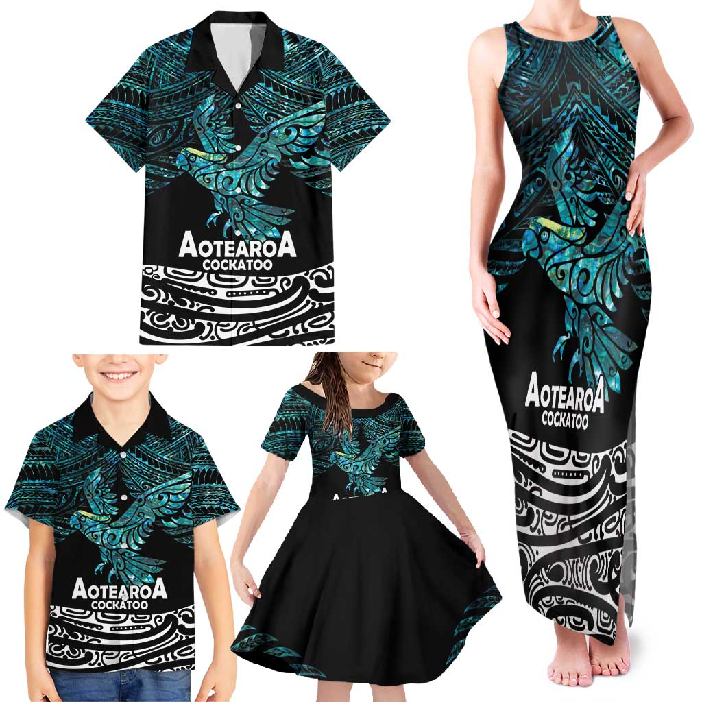 New Zealand Sulphur-crested Cockatoo Family Matching Tank Maxi Dress and Hawaiian Shirt Aotearoa Maori Mix Paua Shell LT14 - Polynesian Pride