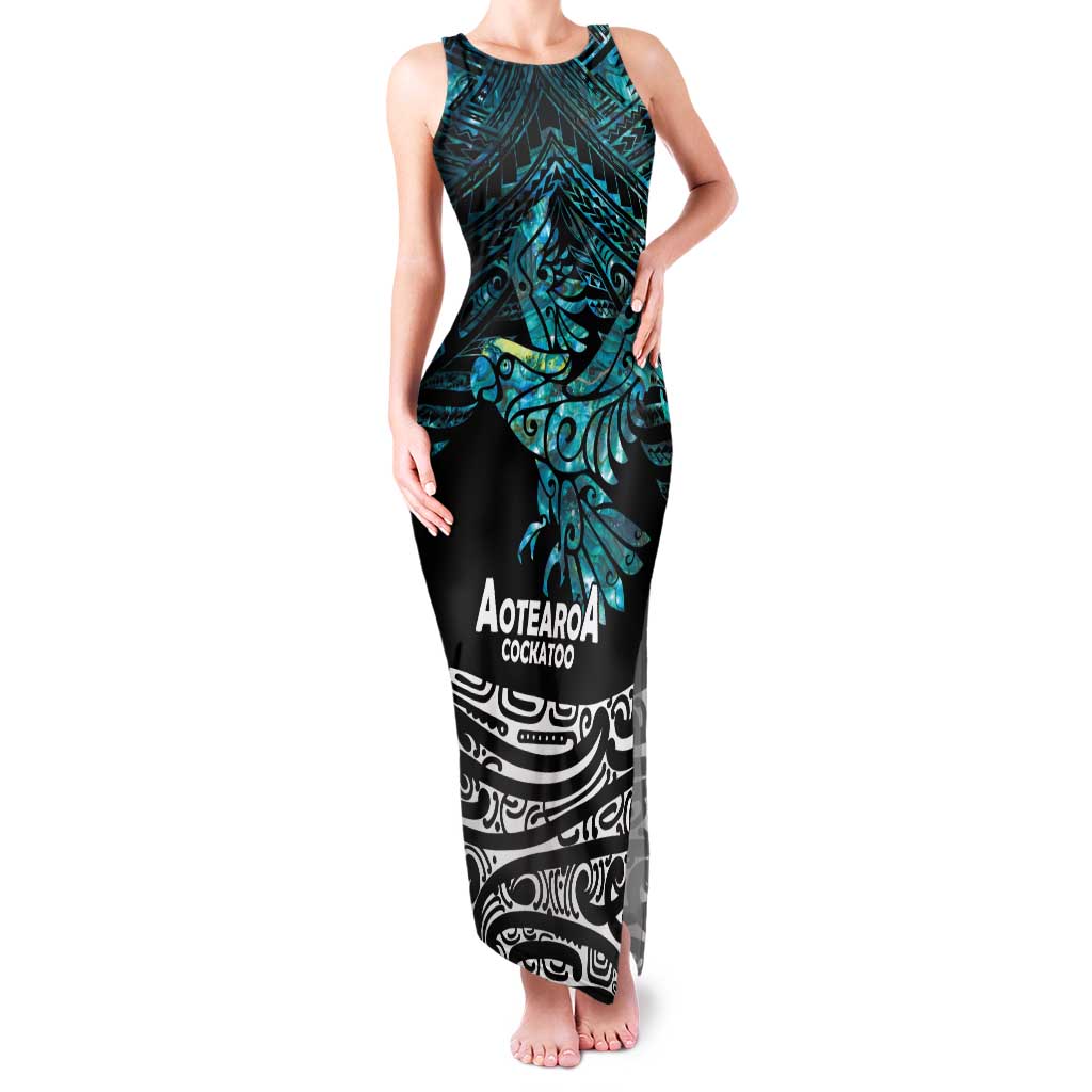 New Zealand Sulphur-crested Cockatoo Family Matching Tank Maxi Dress and Hawaiian Shirt Aotearoa Maori Mix Paua Shell LT14 Mom's Dress Turquoise - Polynesian Pride