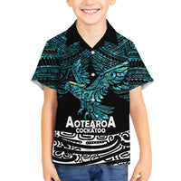 New Zealand Sulphur-crested Cockatoo Family Matching Tank Maxi Dress and Hawaiian Shirt Aotearoa Maori Mix Paua Shell LT14 Son's Shirt Turquoise - Polynesian Pride