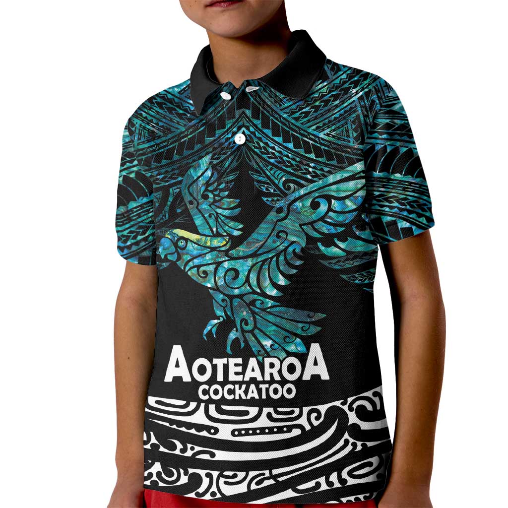 New Zealand Sulphur-crested Cockatoo Kid Polo Shirt Aotearoa Maori Mix Paua Shell LT14 Kid Turquoise - Polynesian Pride