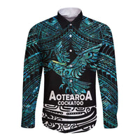 New Zealand Sulphur-crested Cockatoo Long Sleeve Button Shirt Aotearoa Maori Mix Paua Shell LT14 Unisex Turquoise - Polynesian Pride