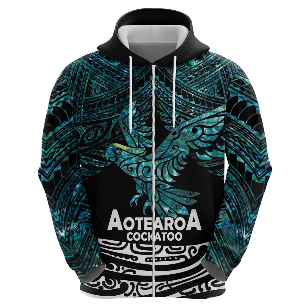 New Zealand Sulphur-crested Cockatoo Zip Hoodie Aotearoa Maori Mix Paua Shell