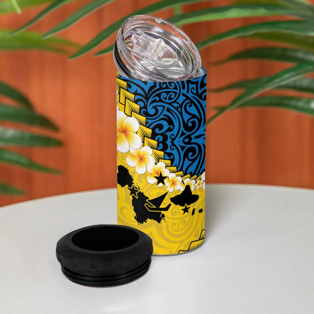 Malampa Province 4 in 1 Can Cooler Tumbler Vanuatu Pattern Map With Plumeria Flag Color