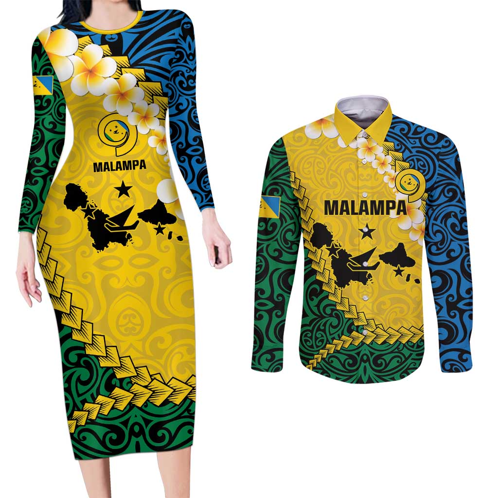 Malampa Province Couples Matching Long Sleeve Bodycon Dress and Long Sleeve Button Shirt Vanuatu Map - Plumeria Flag Color