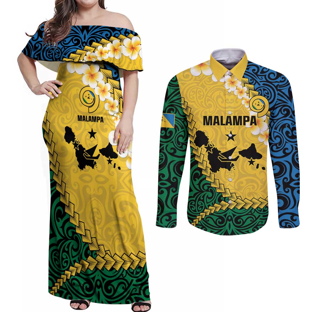 Malampa Province Couples Matching Off Shoulder Maxi Dress and Long Sleeve Button Shirt Vanuatu Map - Plumeria Flag Color