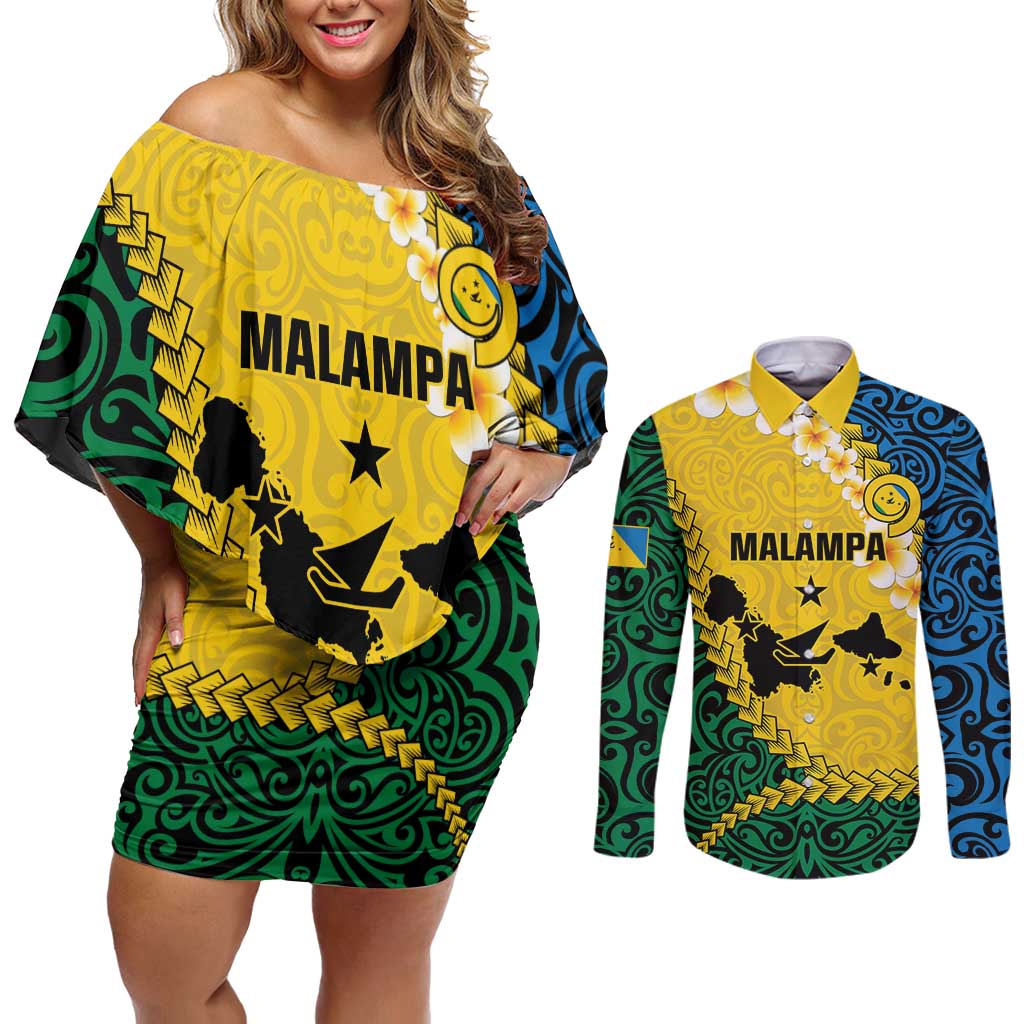Malampa Province Couples Matching Off Shoulder Short Dress and Long Sleeve Button Shirt Vanuatu Map - Plumeria Flag Color