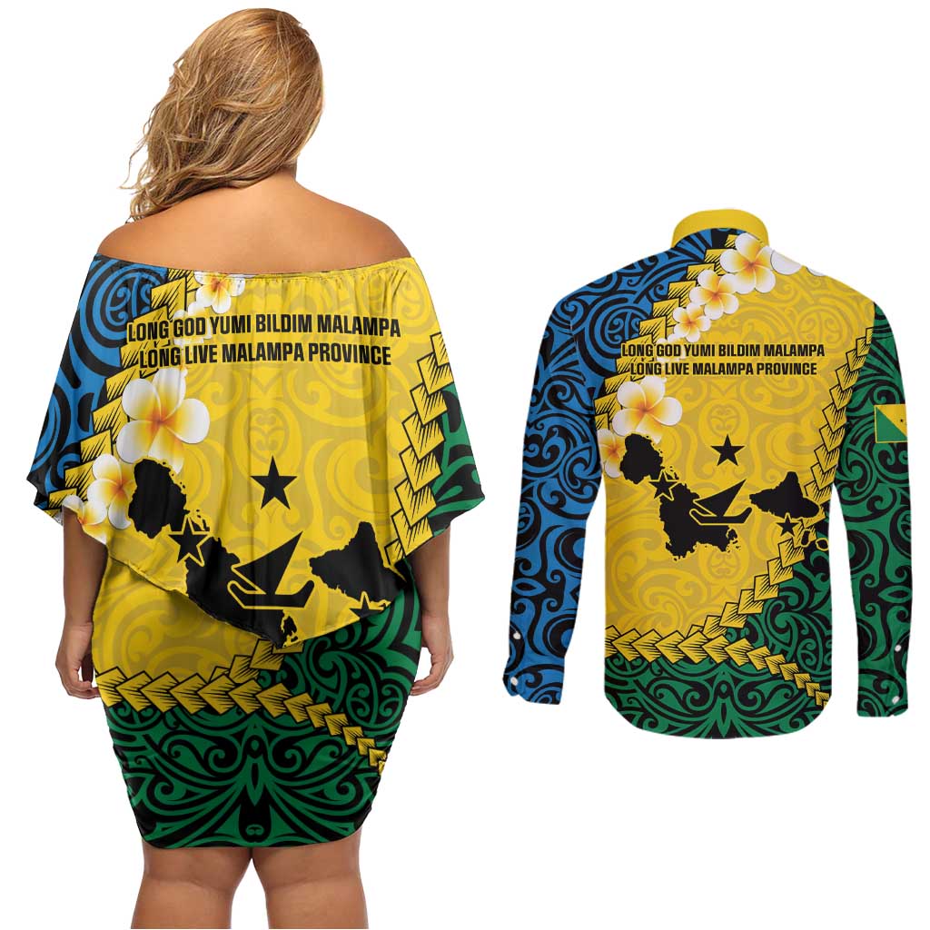 Malampa Province Couples Matching Off Shoulder Short Dress and Long Sleeve Button Shirt Vanuatu Map - Plumeria Flag Color
