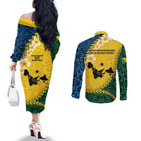 Malampa Province Couples Matching Off The Shoulder Long Sleeve Dress and Long Sleeve Button Shirt Vanuatu Map - Plumeria Flag Color