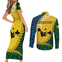 Malampa Province Couples Matching Short Sleeve Bodycon Dress and Long Sleeve Button Shirt Vanuatu Map - Plumeria Flag Color