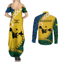 Malampa Province Couples Matching Summer Maxi Dress and Long Sleeve Button Shirt Vanuatu Map - Plumeria Flag Color