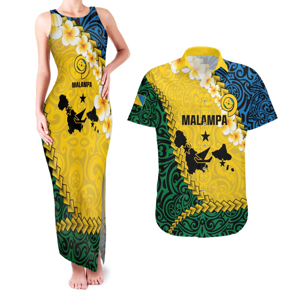 Malampa Province Couples Matching Tank Maxi Dress and Hawaiian Shirt Vanuatu Map - Plumeria Flag Color