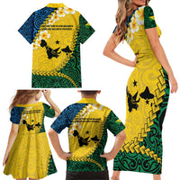 Malampa Province Family Matching Short Sleeve Bodycon Dress and Hawaiian Shirt Vanuatu Map - Plumeria Flag Color LT14 - Polynesian Pride