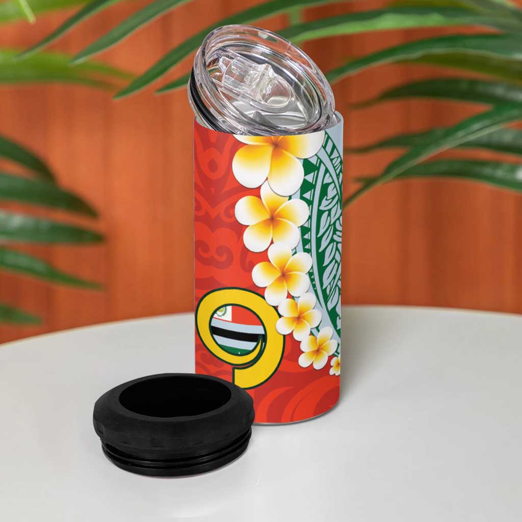 Penama Province 4 in 1 Can Cooler Tumbler Vanuatu Pattern Map With Plumeria Flag Color