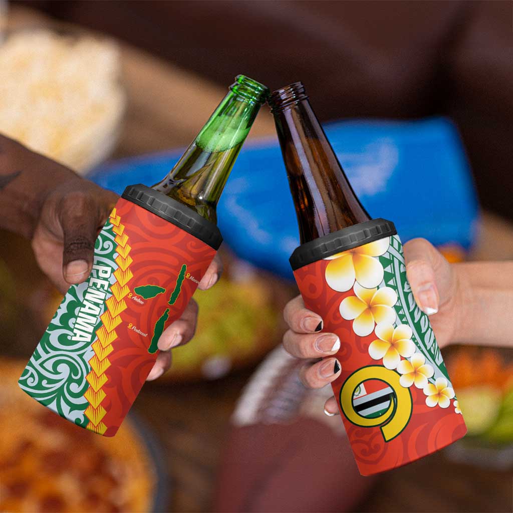 Penama Province 4 in 1 Can Cooler Tumbler Vanuatu Pattern Map With Plumeria Flag Color