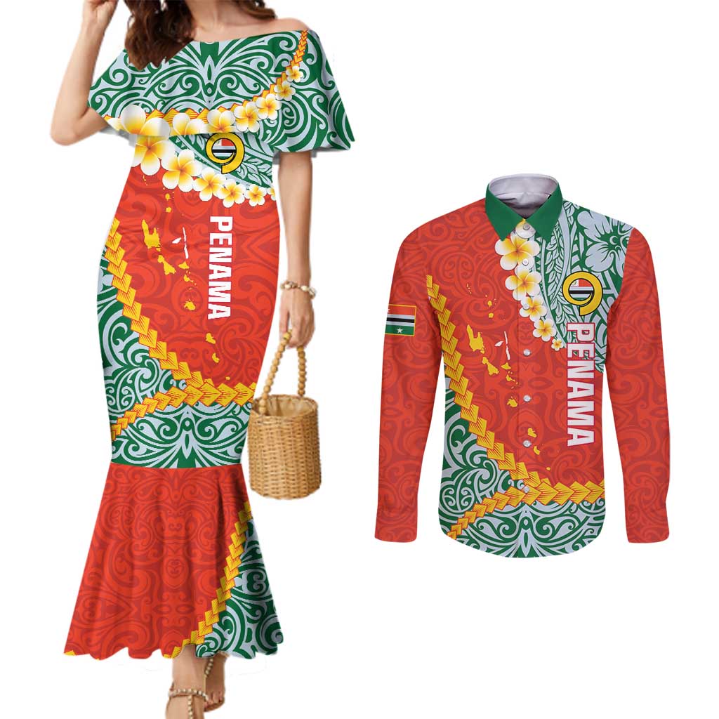 Penama Province Couples Matching Mermaid Dress and Long Sleeve Button Shirt Vanuatu Map - Plumeria Flag Color