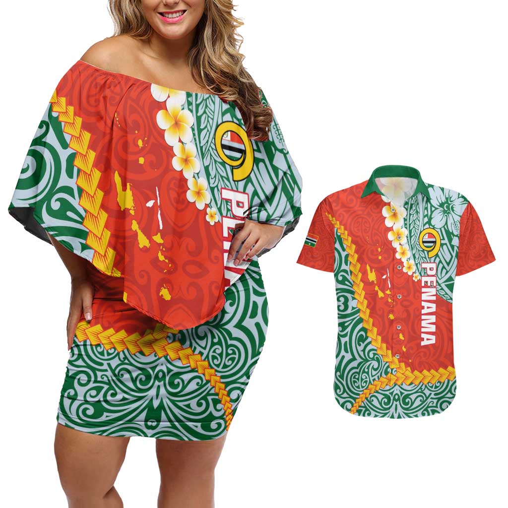 Penama Province Couples Matching Off Shoulder Short Dress and Hawaiian Shirt Vanuatu Map - Plumeria Flag Color