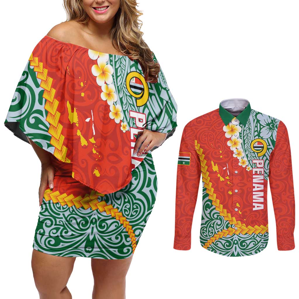 Penama Province Couples Matching Off Shoulder Short Dress and Long Sleeve Button Shirt Vanuatu Map - Plumeria Flag Color
