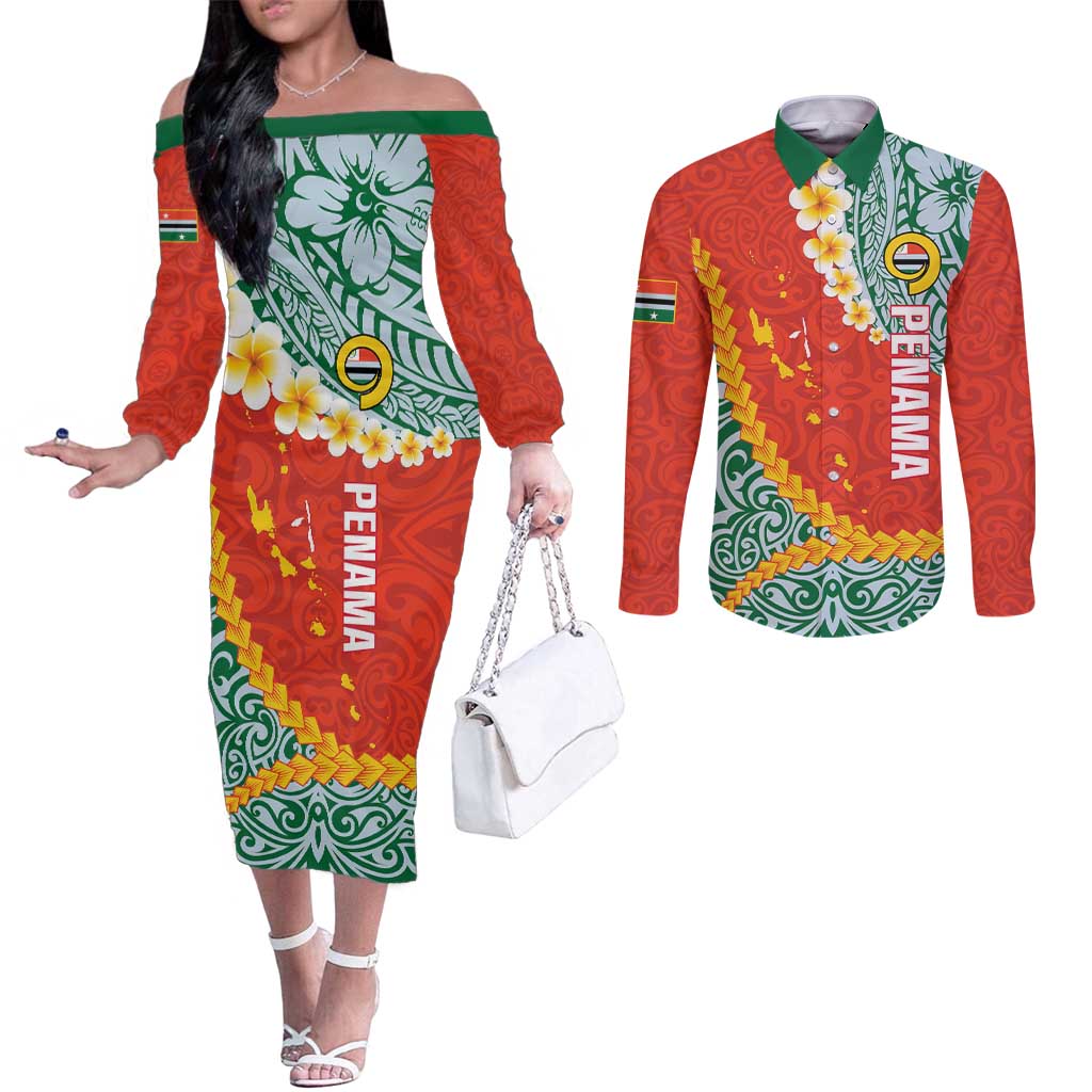 Penama Province Couples Matching Off The Shoulder Long Sleeve Dress and Long Sleeve Button Shirt Vanuatu Map - Plumeria Flag Color
