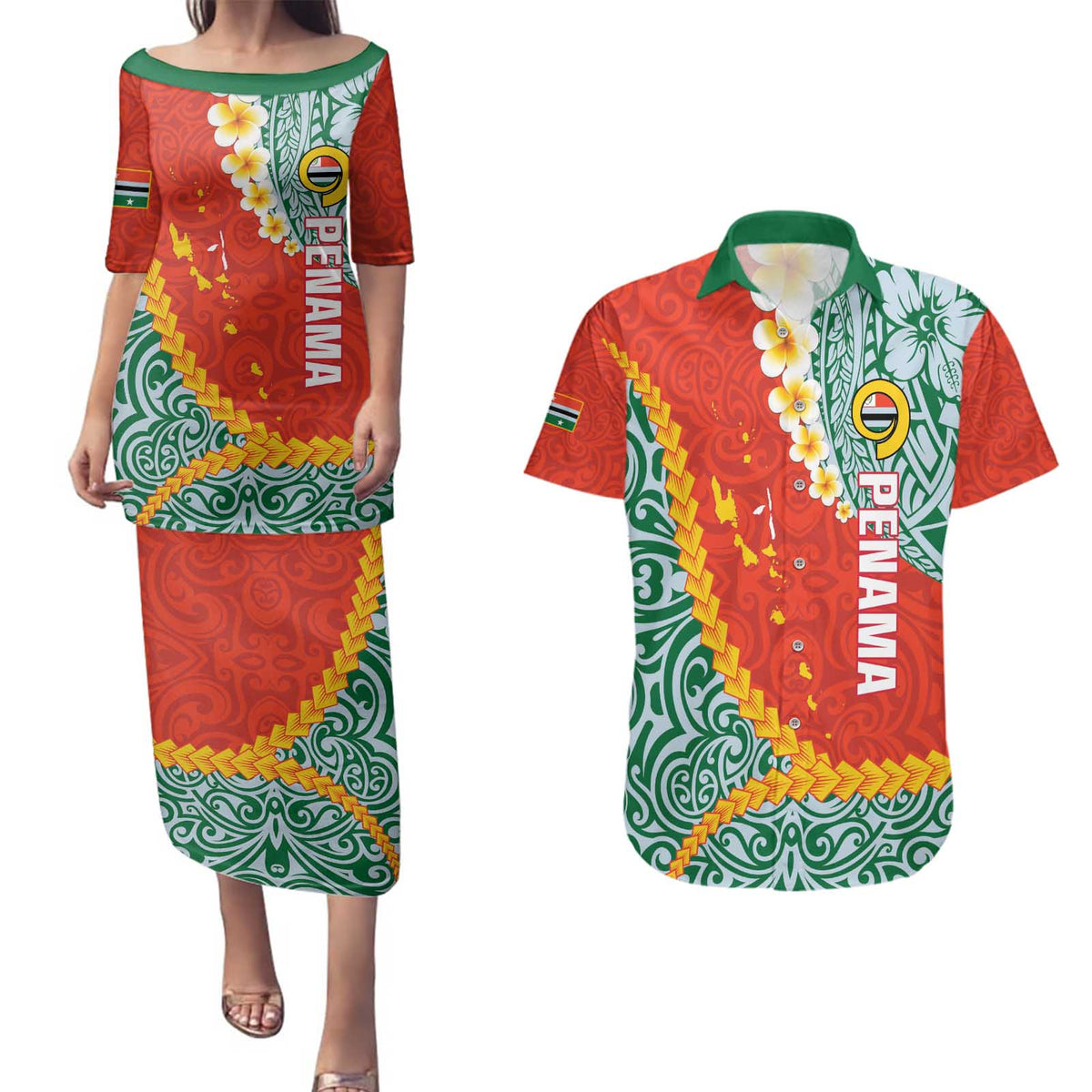 Penama Province Couples Matching Puletasi and Hawaiian Shirt Vanuatu Map - Plumeria Flag Color