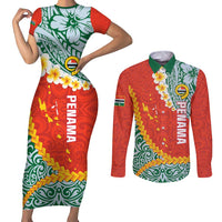 Penama Province Couples Matching Short Sleeve Bodycon Dress and Long Sleeve Button Shirt Vanuatu Map - Plumeria Flag Color