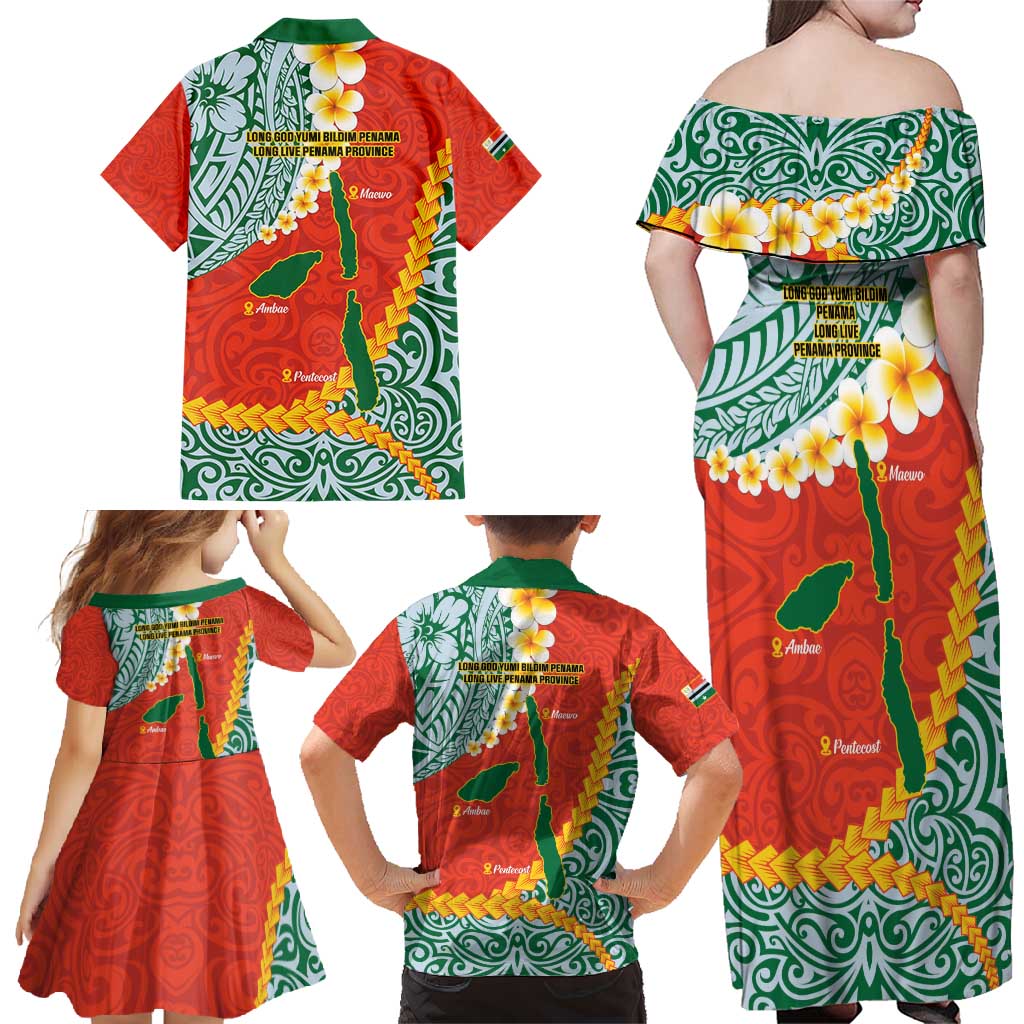 Penama Province Family Matching Off Shoulder Maxi Dress and Hawaiian Shirt Vanuatu Map - Plumeria Flag Color LT14 - Polynesian Pride
