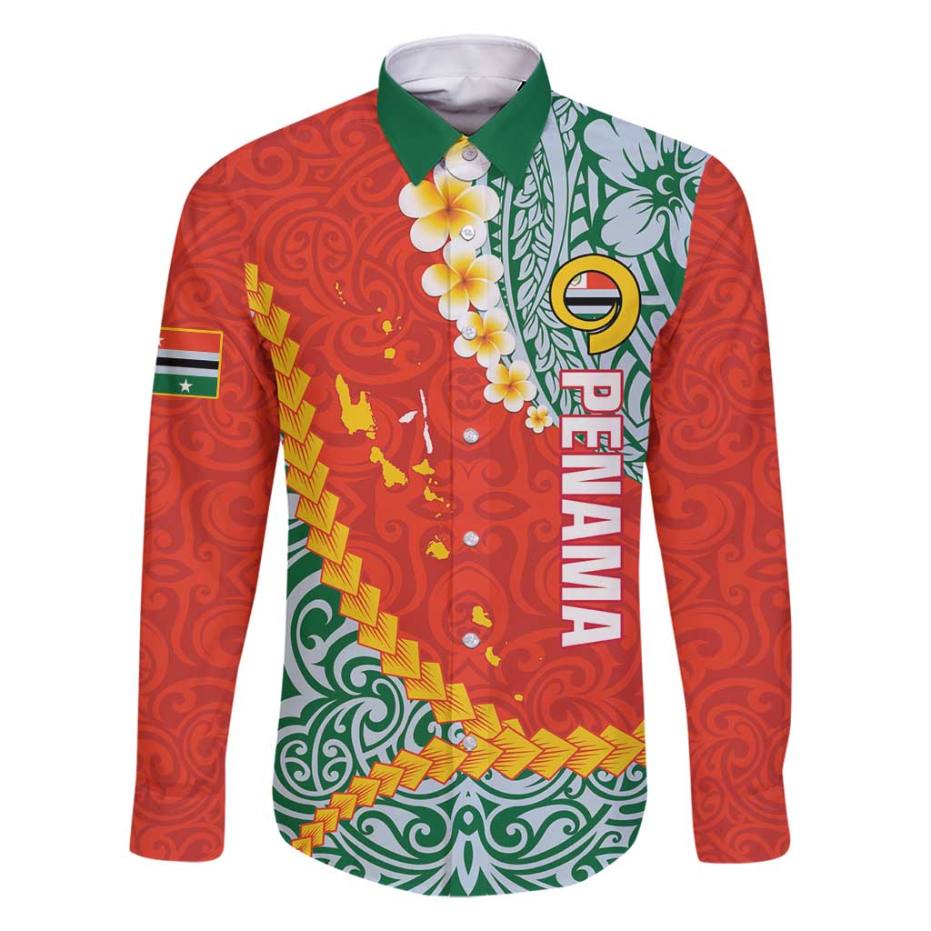 Penama Province Family Matching Summer Maxi Dress and Hawaiian Shirt Vanuatu Map - Plumeria Flag Color LT14 Dad's Shirt - Long Sleeve Red - Polynesian Pride