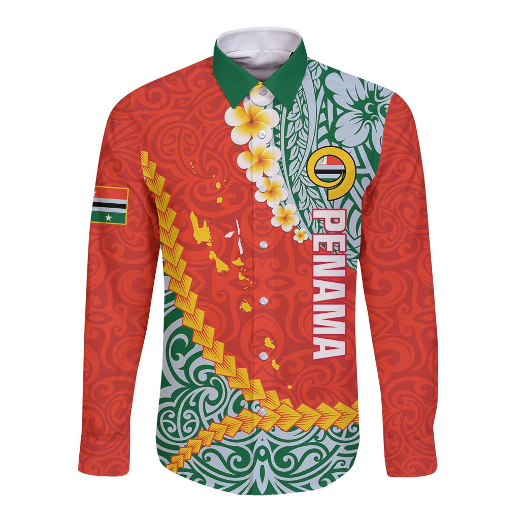 Penama Province Long Sleeve Button Shirt Vanuatu Map - Plumeria Flag Color LT14 Unisex Red - Polynesian Pride