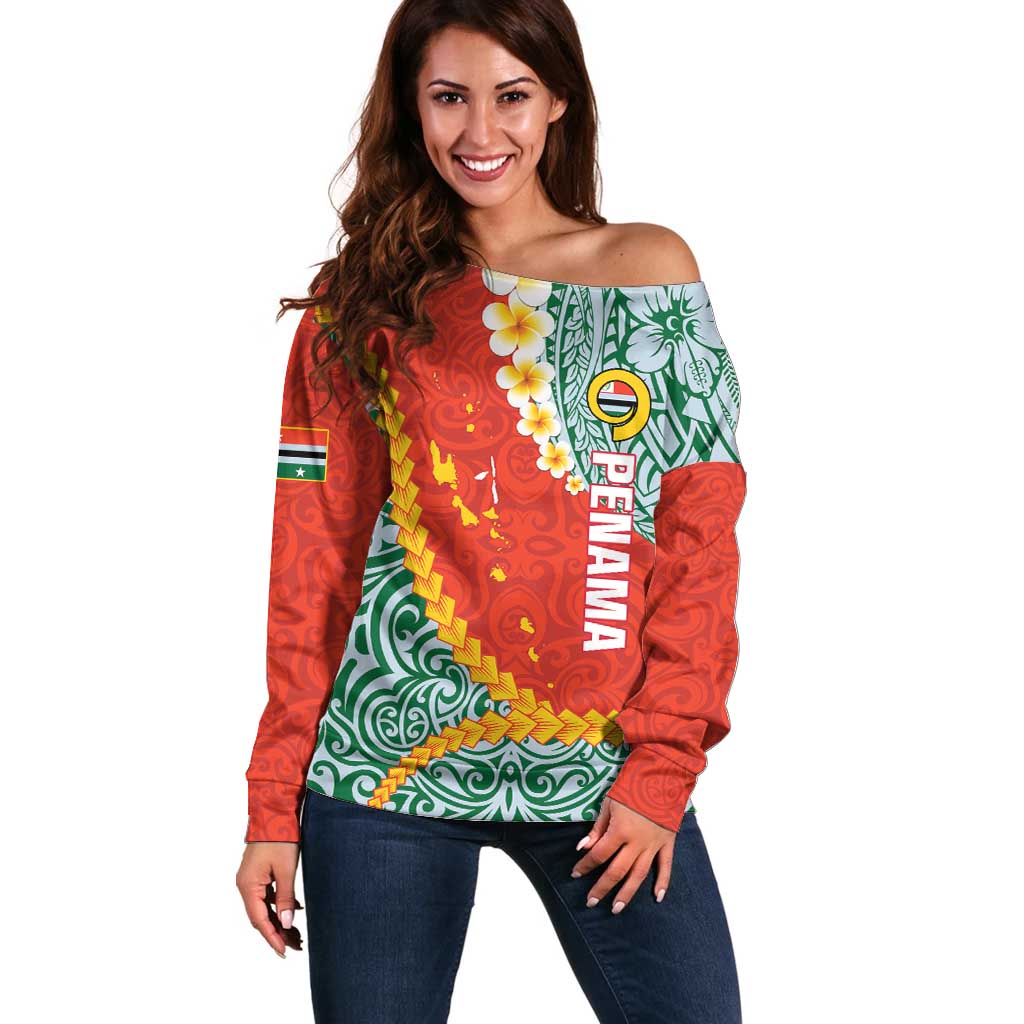 Penama Province Off Shoulder Sweater Vanuatu Map - Plumeria Flag Color