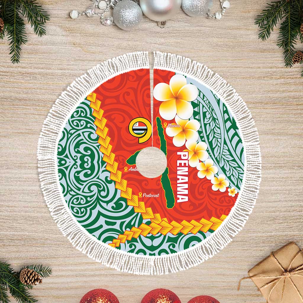 Penama Province Tree Skirt Vanuatu Map - Plumeria Flag Color LT14 Fringed Red - Polynesian Pride