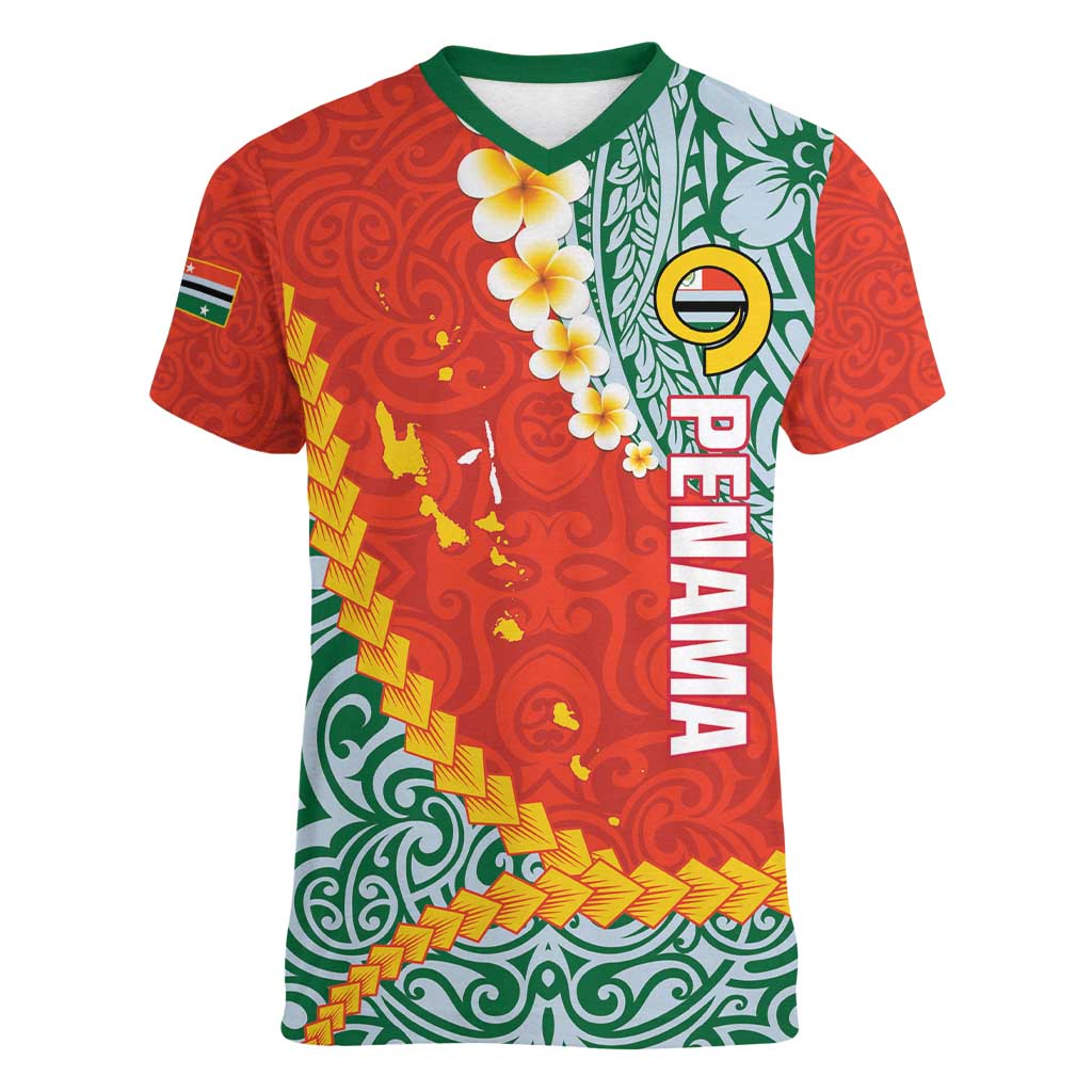 Penama Province Women V-Neck T-Shirt Vanuatu Map - Plumeria Flag Color LT14 Female Red - Polynesian Pride