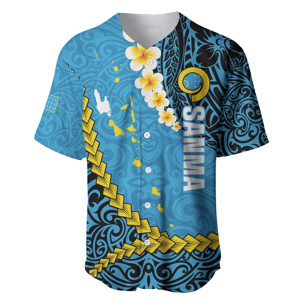Sanma Province Baseball Jersey Vanuatu Pattern Myna Bird - Plumeria Flag Color LT14 Blue - Polynesian Pride