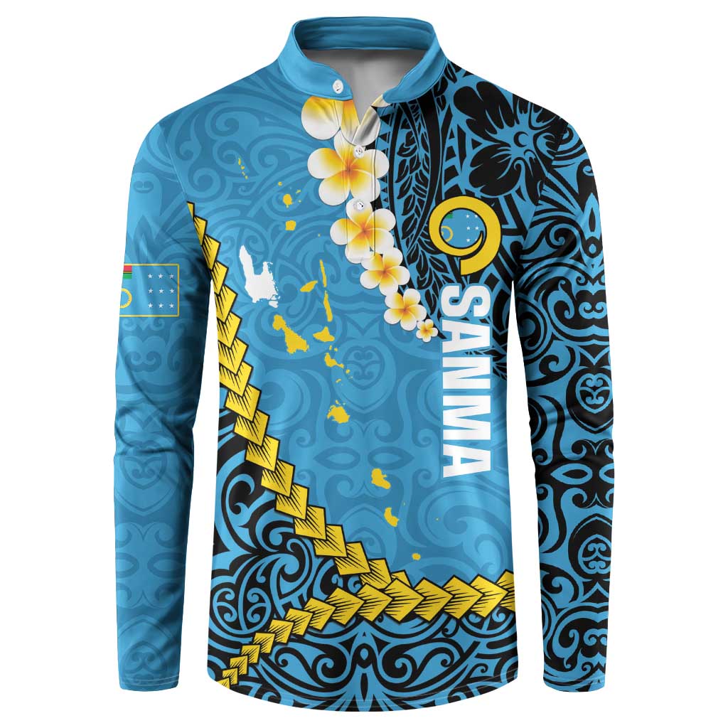 Sanma Province Button Sweatshirt Vanuatu Pattern Myna Bird - Plumeria Flag Color LT14 Blue - Polynesian Pride