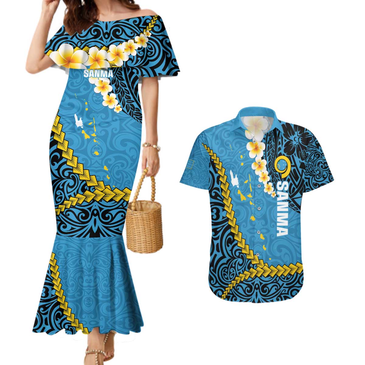 Sanma Province Couples Matching Mermaid Dress and Hawaiian Shirt Vanuatu Pattern Myna Bird - Plumeria Flag Color