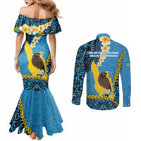 Sanma Province Couples Matching Mermaid Dress and Long Sleeve Button Shirt Vanuatu Pattern Myna Bird - Plumeria Flag Color